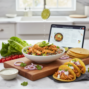 A beautifully arranged shredded chicken power bowl with fresh vegetables and herbs, set on a rustic wooden board in a bright kitchen, with a tablet displaying a recipe interface in the soft background.