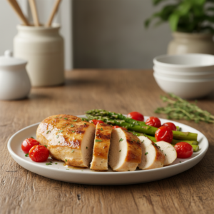 A beautifully plated, golden-brown baked chicken breast with roasted asparagus and cherry tomatoes, embodying a quick, simple, and family-friendly dinner idea.