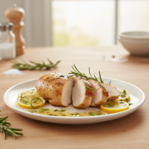 A beautifully plated, golden-brown pan-seared chicken breast with lemon and rosemary, representing quick and easy dinner ideas.