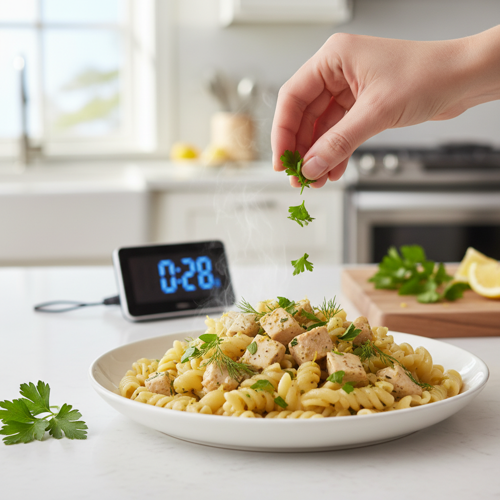 A beautifully plated lemon-herb chicken pasta dish, garnished with fresh parsley, with a digital kitchen timer in the background showing 28 minutes, symbolizing a quick meal.