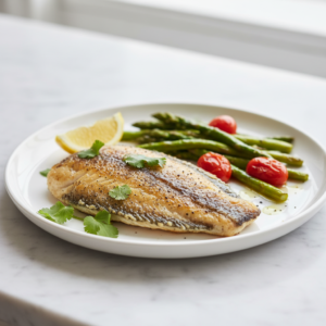 A beautifully plated, pan-seared tilapia fillet garnished with fresh cilantro and lemon, served with quick-roasted asparagus and cherry tomatoes.