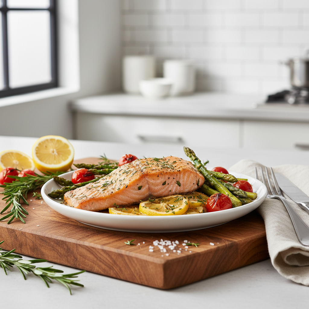 A beautifully plated, quick sheet pan dinner featuring lemon herb salmon with roasted asparagus and cherry tomatoes.