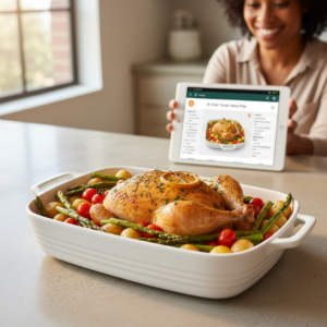 A beautifully presented one-pan roasted chicken and vegetables on a kitchen counter, with a smiling home cook viewing a recipe on a tablet in the blurred background, suggesting easy AI-powered meal ideas.