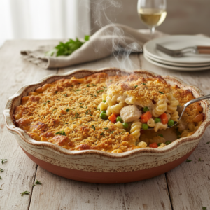 A bubbling, golden-brown casserole with a cheesy, rich interior being served, highlighting its comforting and easy nature.