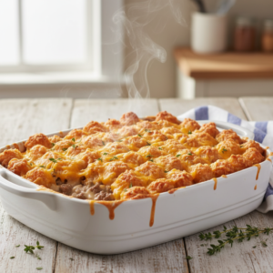 A bubbling hot, golden-brown Tater Tots Casserole, rich with melted cheese, served in a ceramic dish on a rustic kitchen table.