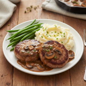 A classic Salisbury steak dinner, featuring savory beef patties covered in a rich mushroom gravy, served with creamy mashed potatoes and green beans, ready to be enjoyed.