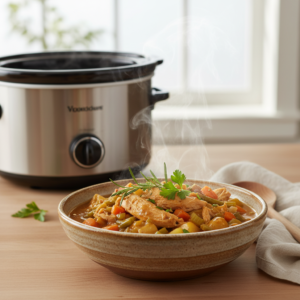 A close-up of a comforting slow cooker meal, like a chicken and vegetable stew, served in a rustic bowl with steam rising.