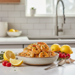 A close-up of a vibrant bowl of lemon garlic shrimp garnished with fresh parsley and lemon wedges, in a bright kitchen setting.