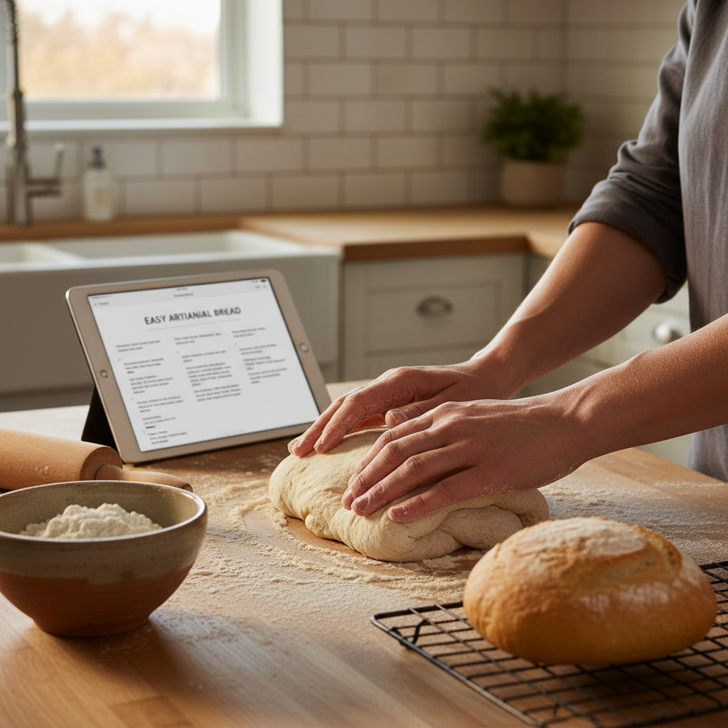 A close-up of real human hands kneading bread dough on a wooden counter, with a freshly baked loaf and a tablet displaying a recipe in a warm, naturally lit kitchen.
