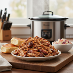A close-up of tender, slow-cooked pulled pork, piled on a wooden board with brioche buns and coleslaw, ready to be served.