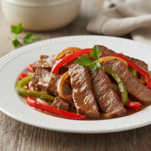 A close-up, photorealistic image of a steaming plate of classic pepper steak, featuring tender beef slices, vibrant red and green bell peppers, and a rich brown sauce, garnished with fresh herbs.