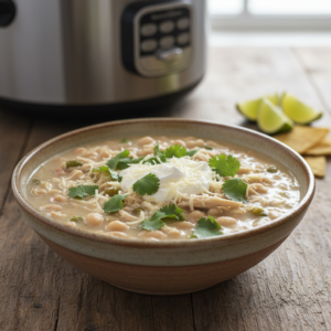A close-up shot of a steaming bowl of creamy white chicken chili, garnished with cilantro, sour cream, and cheese, ready for a delicious meal.