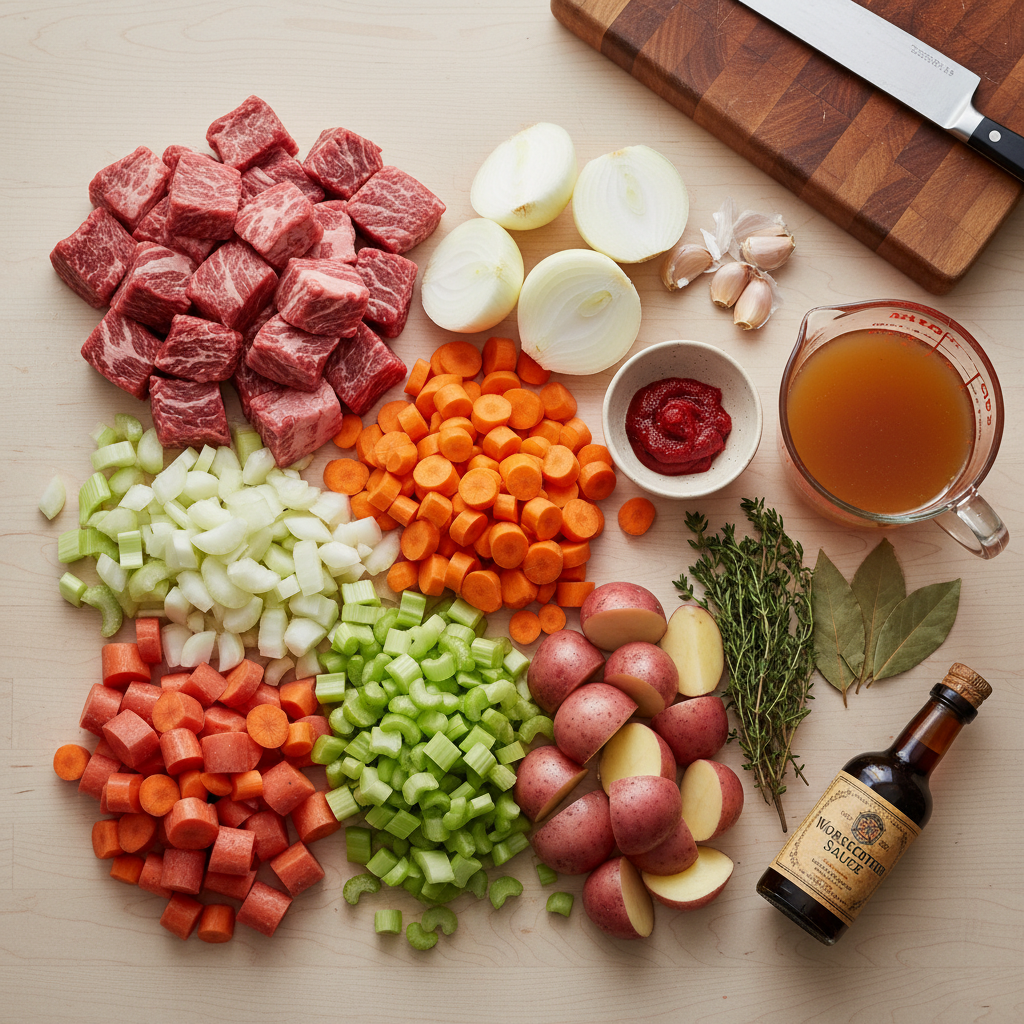 A collection of fresh, prepped ingredients for beef stew, including diced beef, vegetables, herbs, and broth, neatly arranged on a wooden countertop.