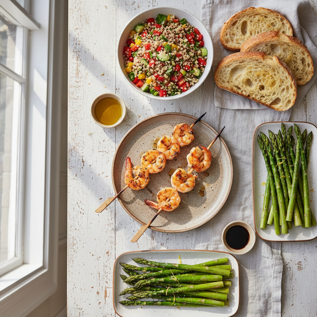 A complete dinner flat lay featuring grilled shrimp skewers, quinoa salad, roasted asparagus, and artisan bread.