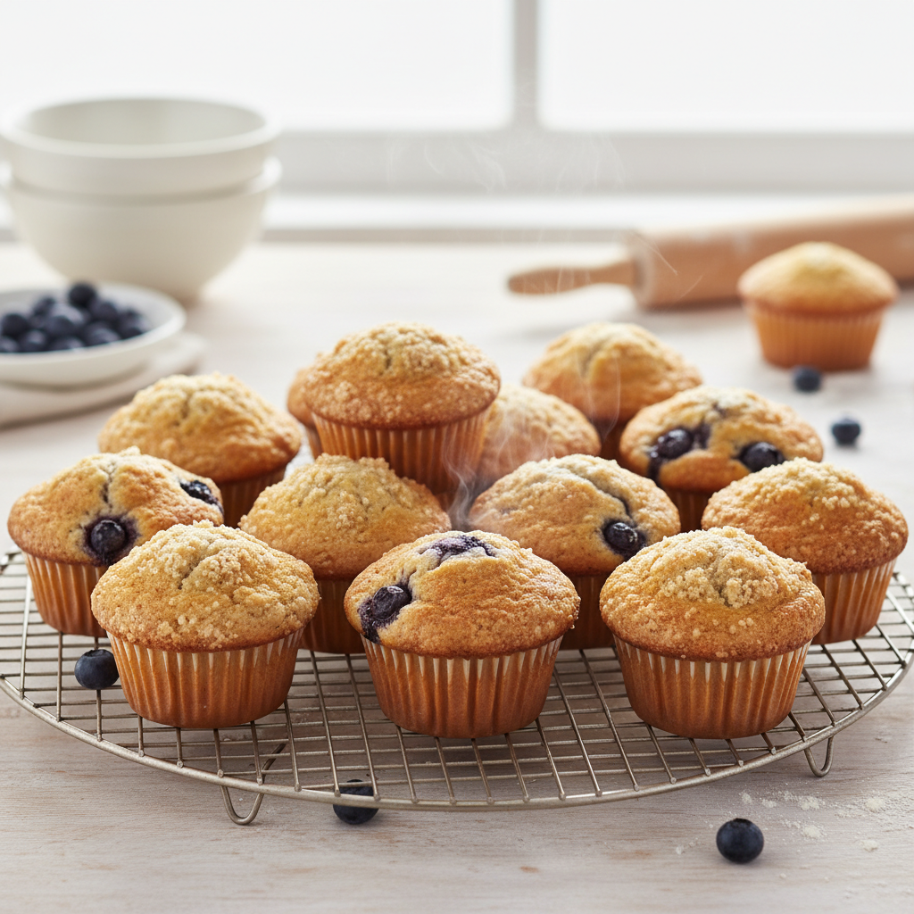A cooling rack filled with freshly baked, golden-brown muffins, some with visible streusel and blueberry toppings.