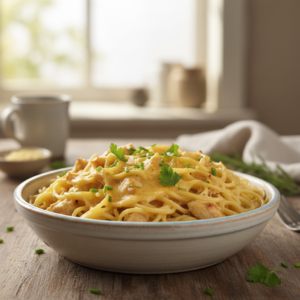 A creamy chicken spaghetti dish with tender chicken and noodles, garnished with fresh parsley, in a rustic bowl on a wooden surface.