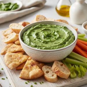 A creamy, vibrant green spinach dip served in a rustic bowl, surrounded by toasted pita bread, baguette slices, and fresh vegetable dippers on a wooden board.