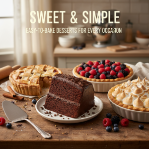 A delectable spread of various freshly baked cakes and pies, including chocolate cake, apple pie, and berry tart, arranged invitingly on a rustic kitchen counter.