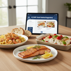 A delicious spread of various easy-to-prepare seafood and fish dishes, including pan-seared salmon, lemon-garlic shrimp, and baked white fish, beautifully plated on a modern kitchen island with a subtle hint of AI recipe guidance on a tablet in the background.