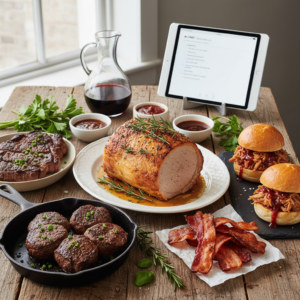 A diverse and appetizing spread of cooked beef and pork dishes on a rustic table, with a tablet subtly displaying a recipe interface in the background.