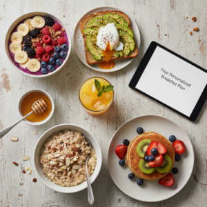 A diverse and colorful spread of healthy breakfast dishes, including a berry smoothie bowl, avocado toast, oatmeal, and pancakes, artfully arranged on a wooden table, with a tablet displaying personalized recipes.