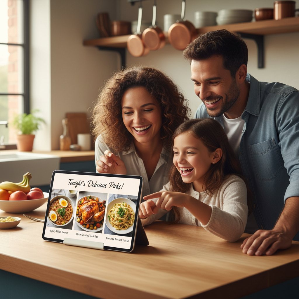 A family smiling at a smart display showing an AI-generated personalized dinner menu.