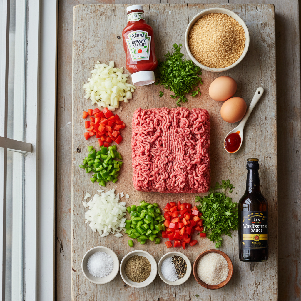 A flat lay of fresh meatloaf ingredients, including ground beef, diced vegetables, breadcrumbs, and spices, on a rustic wooden board.