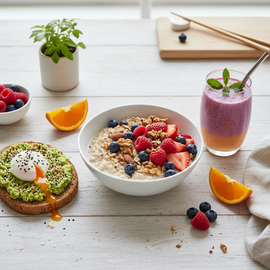 A flat lay of overnight oats, avocado toast with a poached egg, and a fruit smoothie, representing quick and easy healthy breakfast options.
