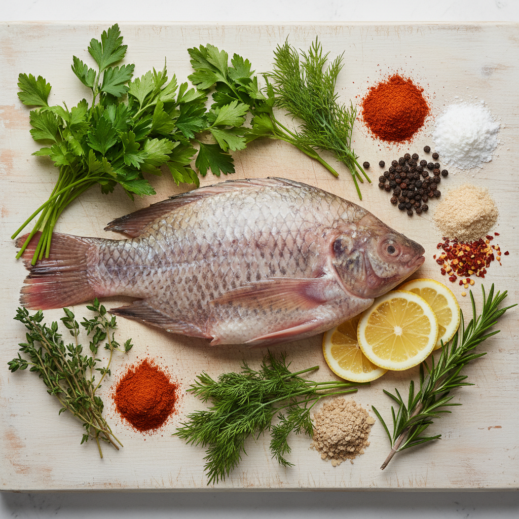 A fresh tilapia fillet on a wooden cutting board, surrounded by various fresh herbs, colorful spices, and lemon slices.