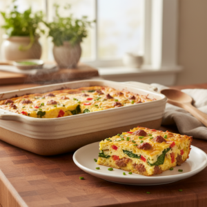 A freshly baked, golden-brown breakfast casserole, sliced and ready to serve, with steam gently rising, showcasing its hearty and comforting ingredients.