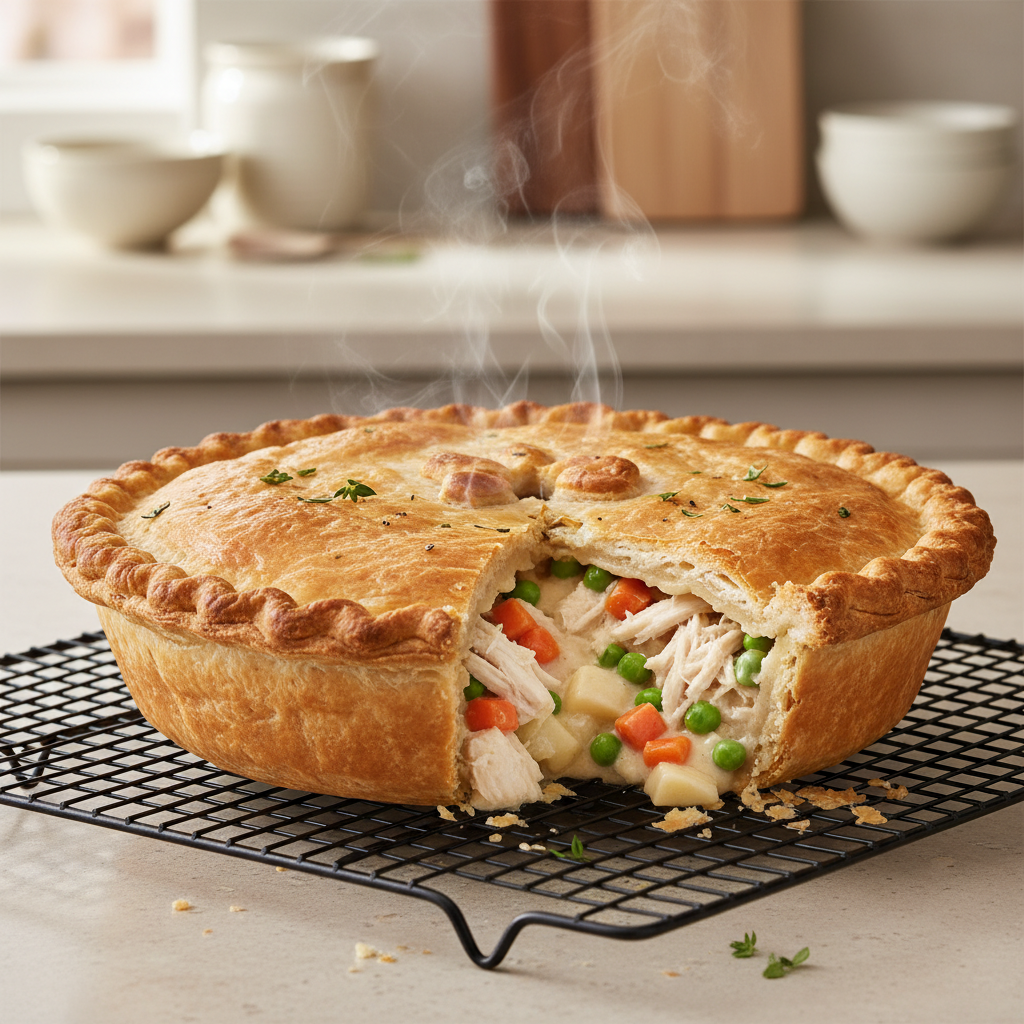 A freshly baked golden-brown chicken pot pie with a flaky crust, steam gently rising, on a wire rack in a home kitchen.
