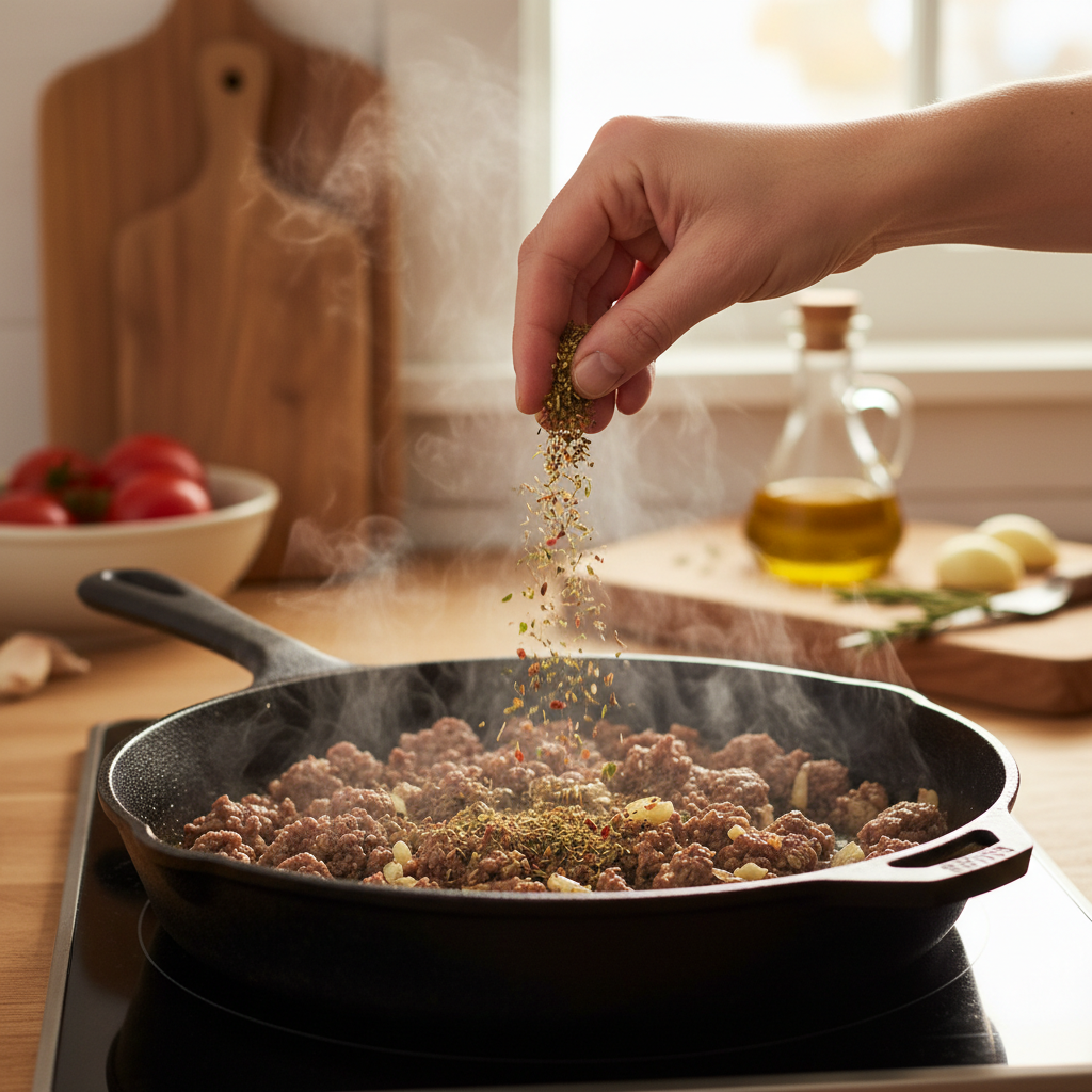 A hand sprinkling Italian herbs over sizzling ground beef in a cast iron skillet.