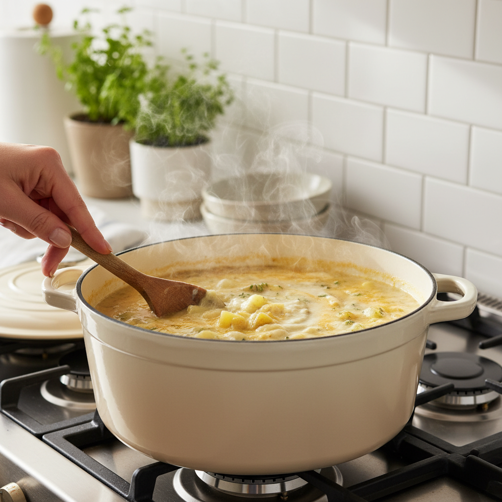 A hand stirring creamy potato soup in a large pot on a stove.