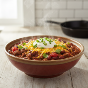 A hearty bowl of homemade chili, garnished with melted cheddar cheese, a dollop of sour cream, and fresh green onions.