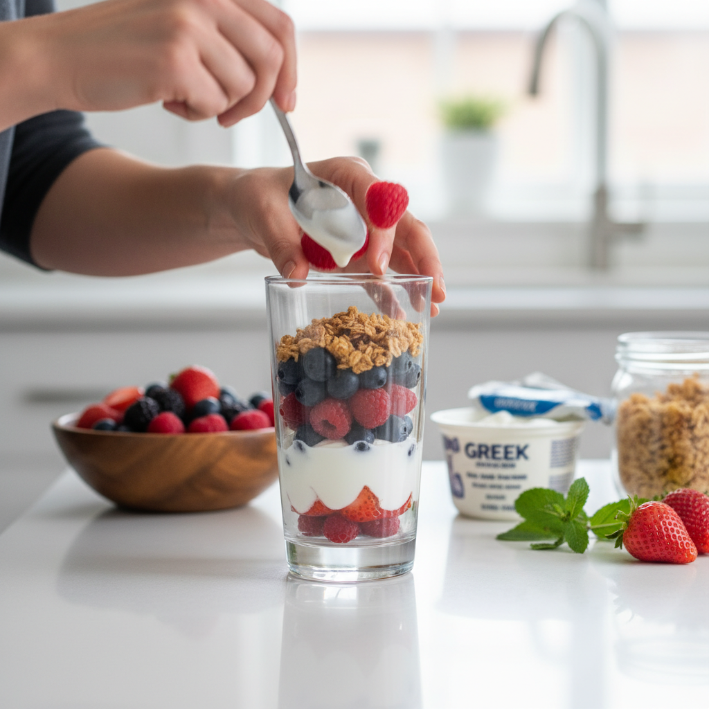 A home cook's hands swiftly assembling a vibrant berry and yogurt parfait in a glass, demonstrating a quick 5-minute dessert.