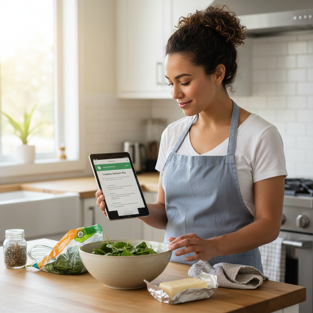 A home cook smiling while looking at a personalized recipe for spinach dip on a tablet in a modern kitchen.