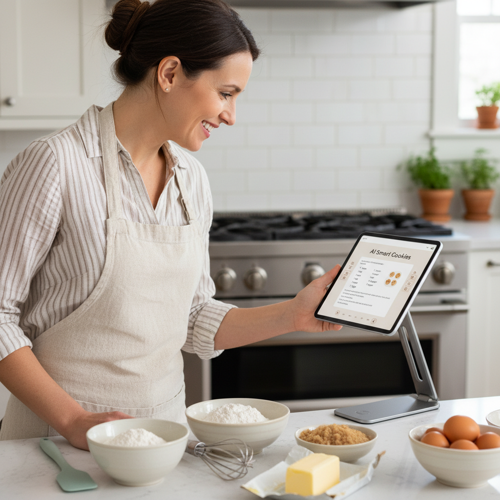 A home cook smiling while viewing an AI-generated recipe on a tablet in a modern kitchen with baking ingredients prepared.