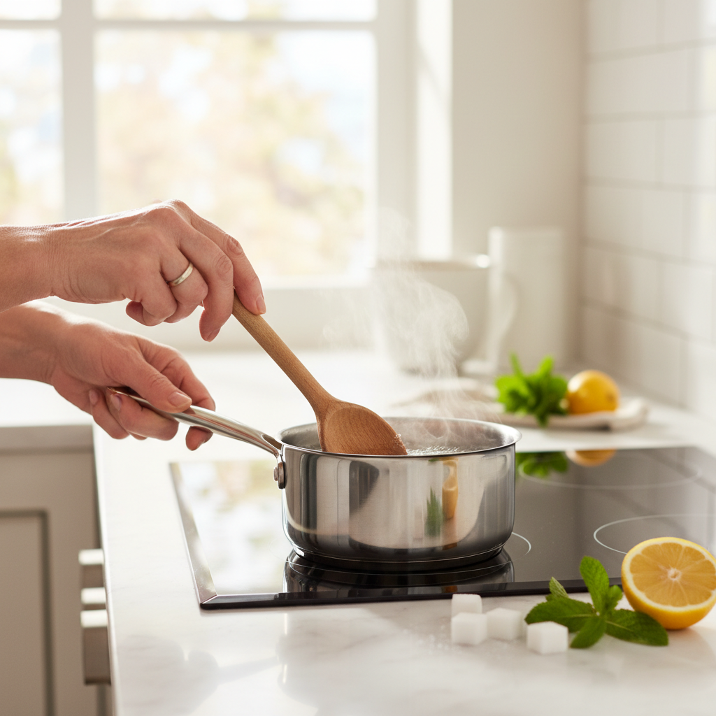 A home cook stirring a saucepan of sugar and water on a stovetop, making simple syrup.