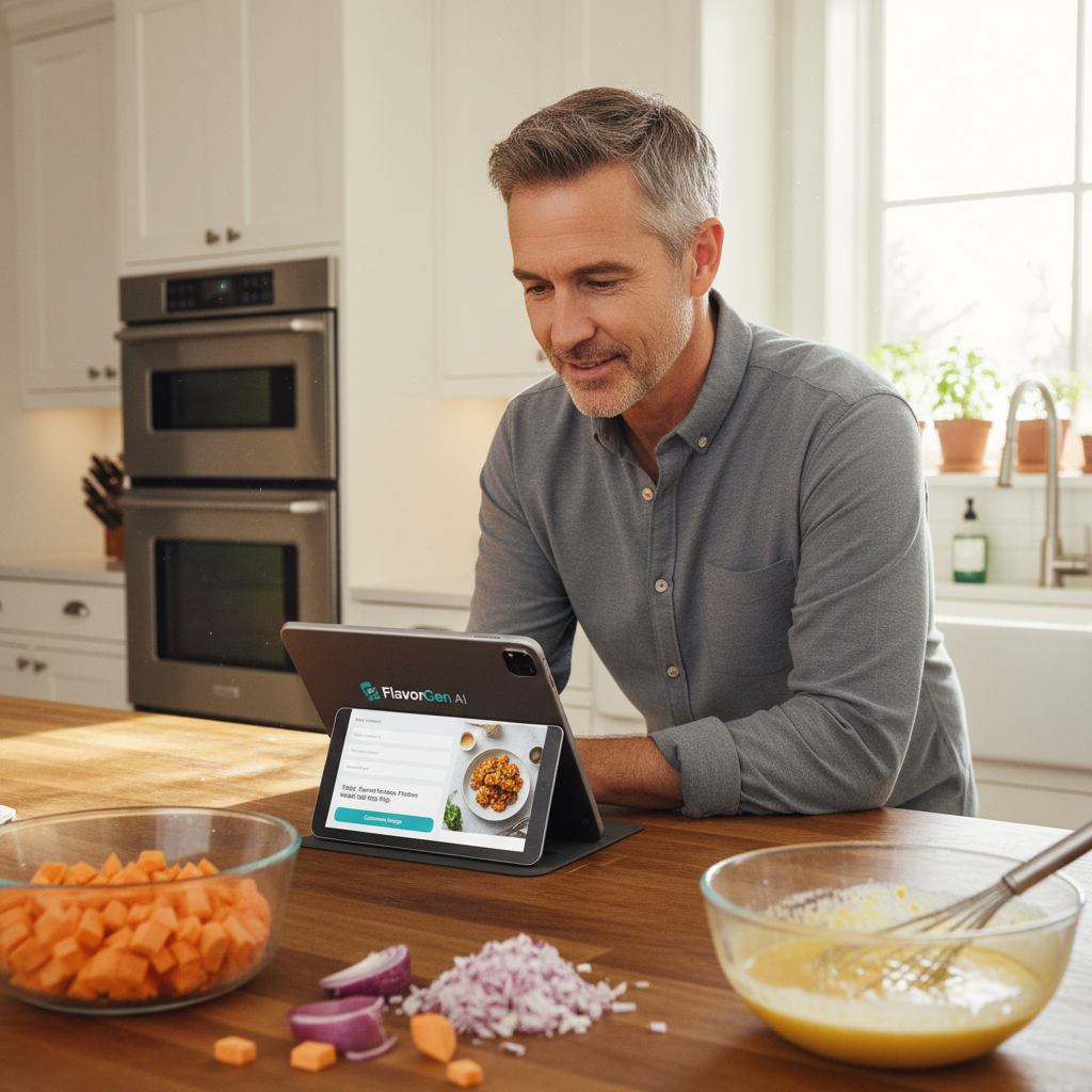 A home cook using a tablet to generate personalized appetizer recipes in a modern kitchen, with ingredients ready for prep.