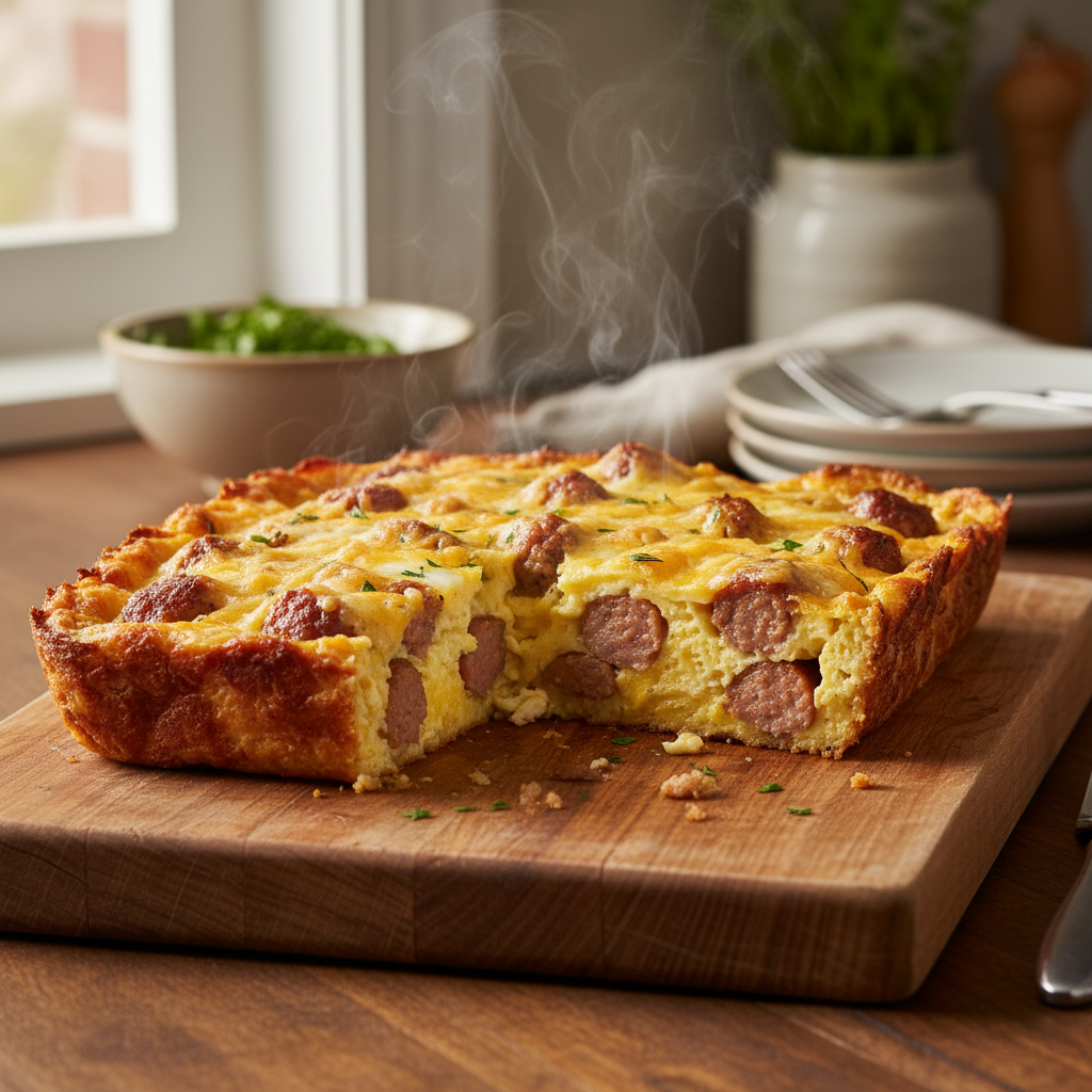 A hot, golden-brown breakfast casserole with melted cheese and visible ingredients on a wooden board, with a slice removed.