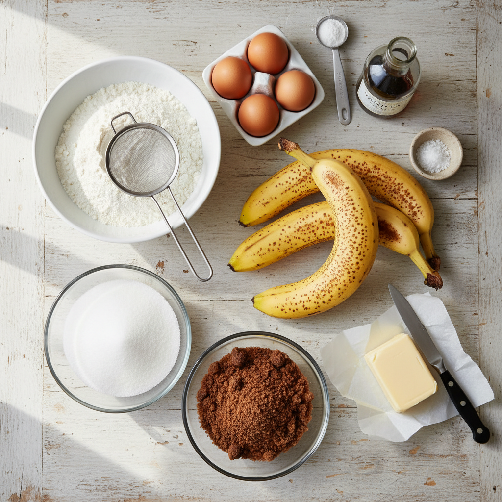 A meticulously arranged flat lay of all the raw ingredients for banana bread, including ripe bananas, flour, sugar, and eggs, ready for mixing on a kitchen counter.