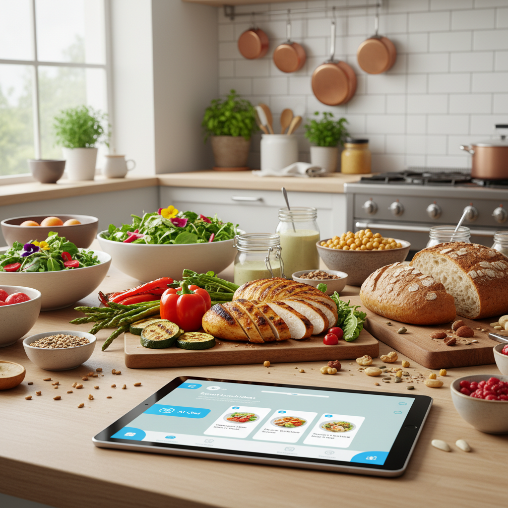 A modern kitchen countertop with a variety of colorful healthy lunch ingredients and a tablet displaying AI-generated recipe ideas.