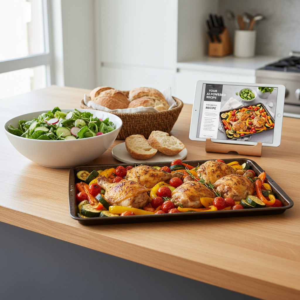 A mouth-watering sheet pan chicken and roasted vegetables dinner, accompanied by a fresh green salad and bread, displayed on a kitchen island with a tablet showing an AI-powered recipe.