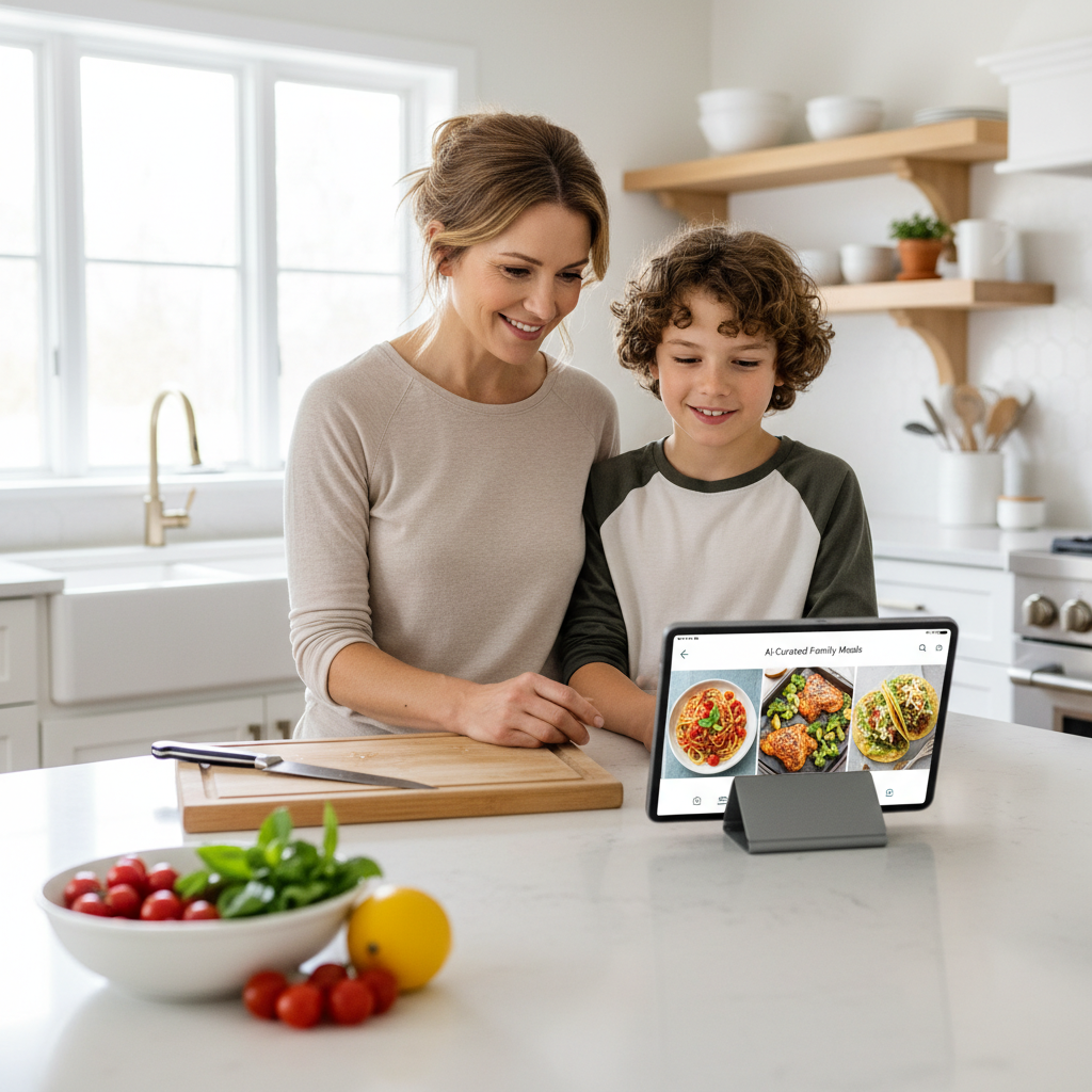 A parent and child in a bright kitchen smiling while browsing a tablet that displays various easy family dinner ideas, with fresh ingredients like tomatoes and basil on the counter.