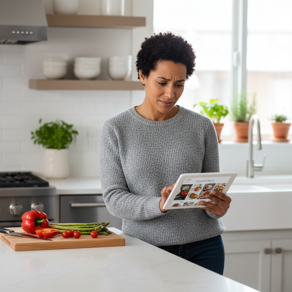 A parent in a modern kitchen looking thoughtfully at a tablet, contemplating dinner ideas.