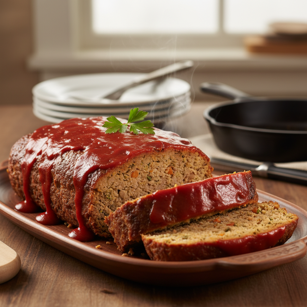 A perfectly baked and sliced meatloaf with a glossy glaze, garnished with fresh herbs on a white serving dish.