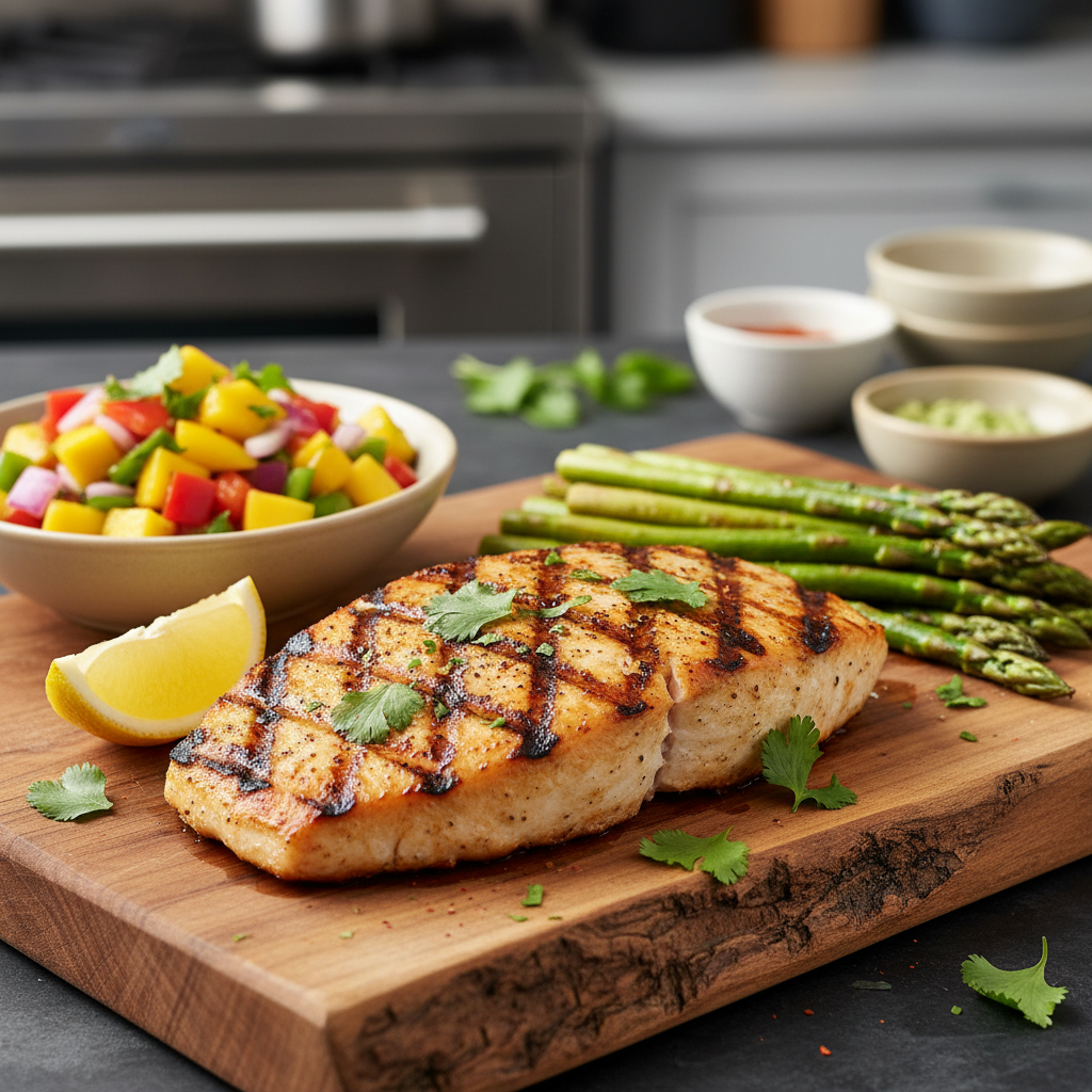 A perfectly grilled mahi mahi fillet with grill marks, garnished with cilantro and lemon, served with mango salsa and roasted asparagus.