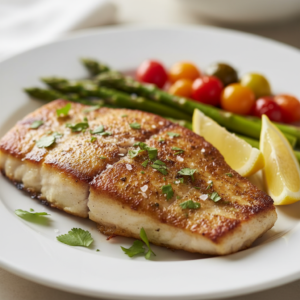 A perfectly pan-seared mahi mahi fillet garnished with lemon and cilantro, served with asparagus and cherry tomatoes.