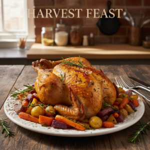 A perfectly roasted golden-brown whole chicken surrounded by roasted vegetables on a serving platter, ready for a family meal.
