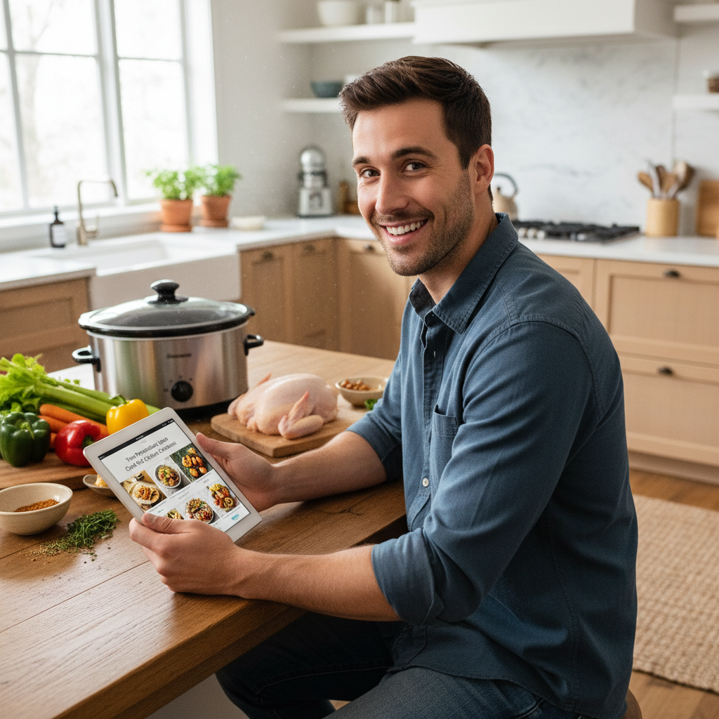 A person in a kitchen happily browsing personalized slow cooker chicken recipes on a tablet, with a slow cooker in the background.